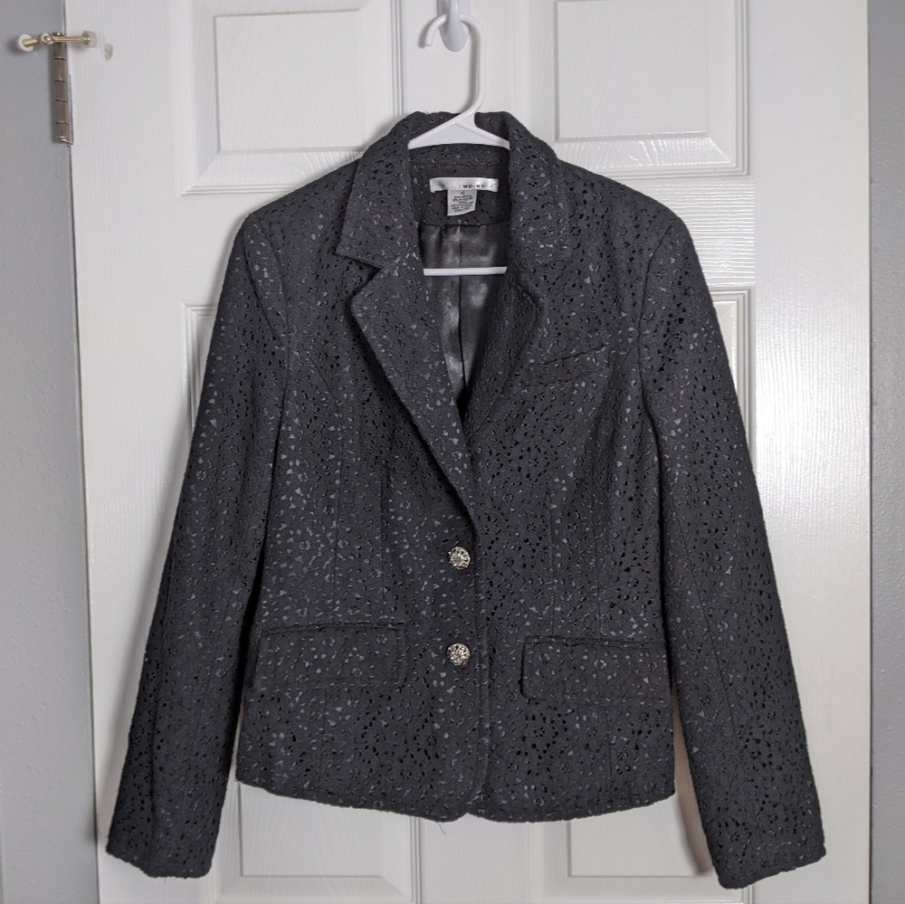 WD.NY Long Sleeve‎ Black Eyelet Crochet Lace Blazer with Jeweled Buttons Size 10